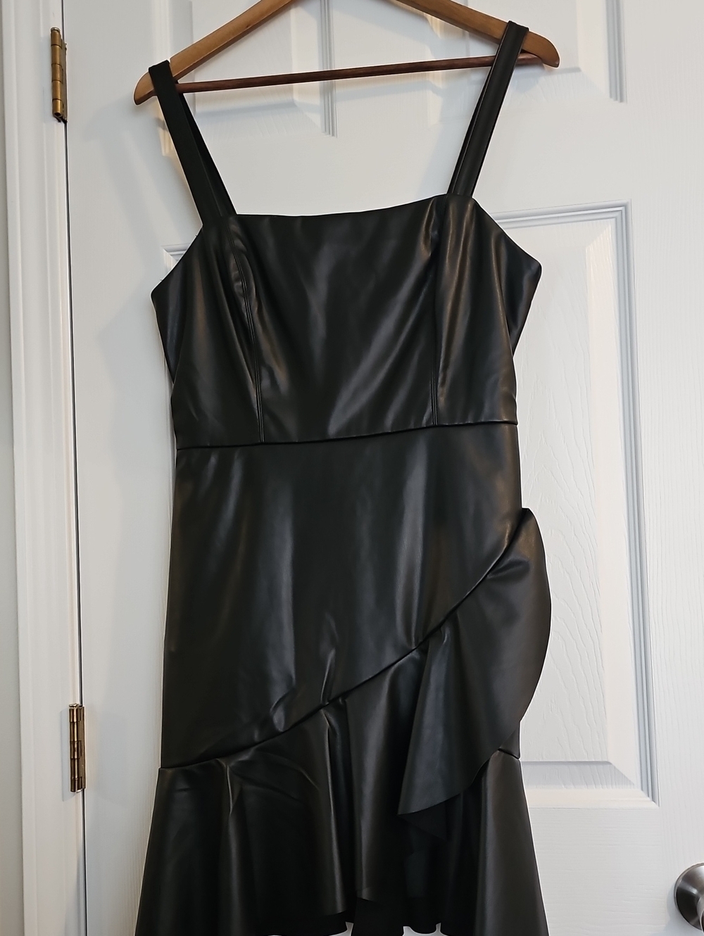 BCBGeneration Black Vegan Leather Ruffle-Hem Mini Dress